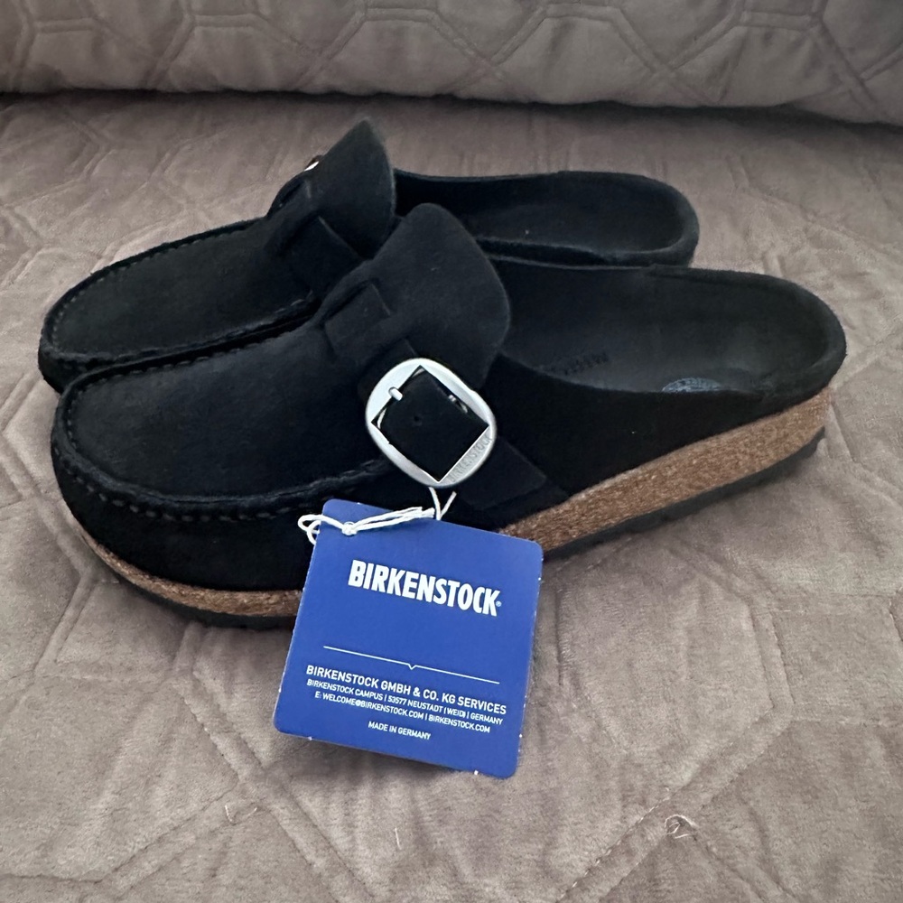 Birkenstock Black Suede Slip-On Clog with Silver Buckle
